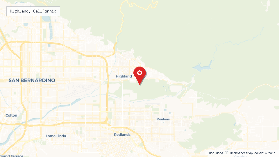 Street map of Highland, California with location pin