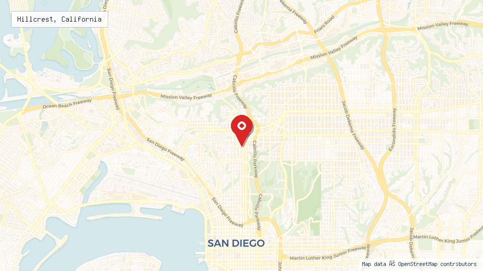 Street map of Hillcrest, California with location pin