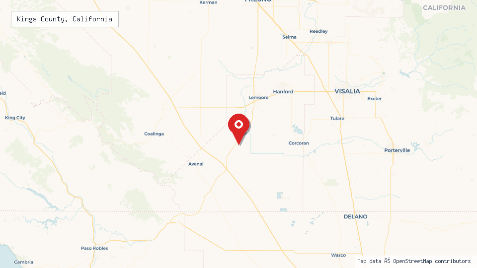 Street map of Kings County, California with location pin