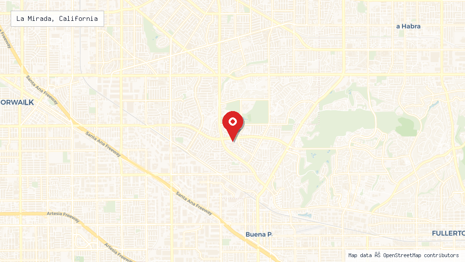Street map of La Mirada, California with location pin