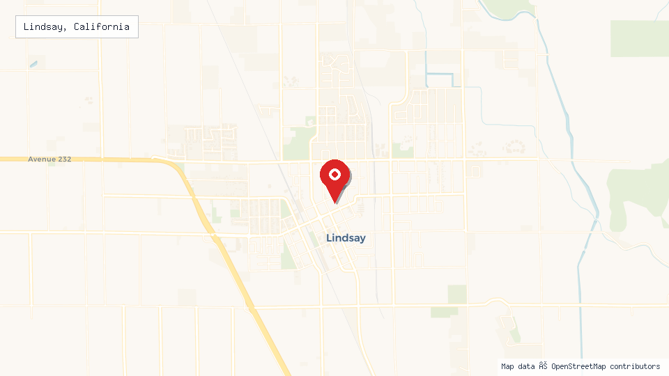Street map of Lindsay, California with location pin