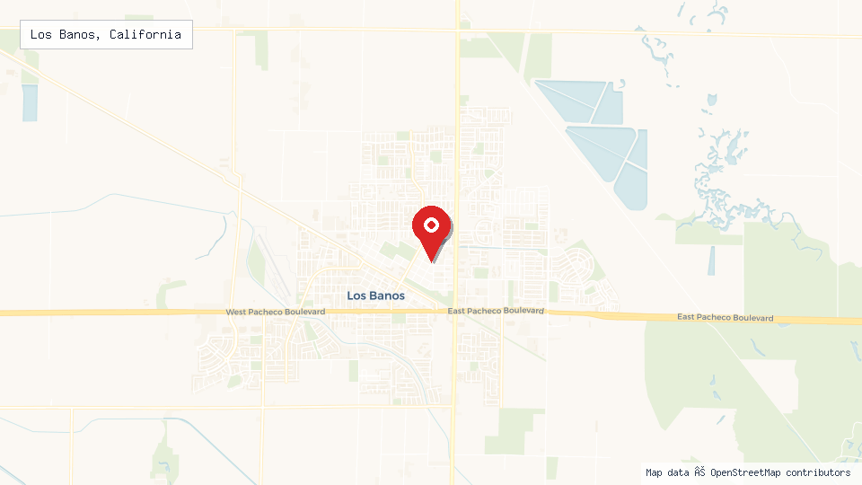 Street map of Los Banos, California with location pin