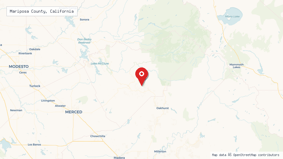 Street map of Mariposa County, California with location pin