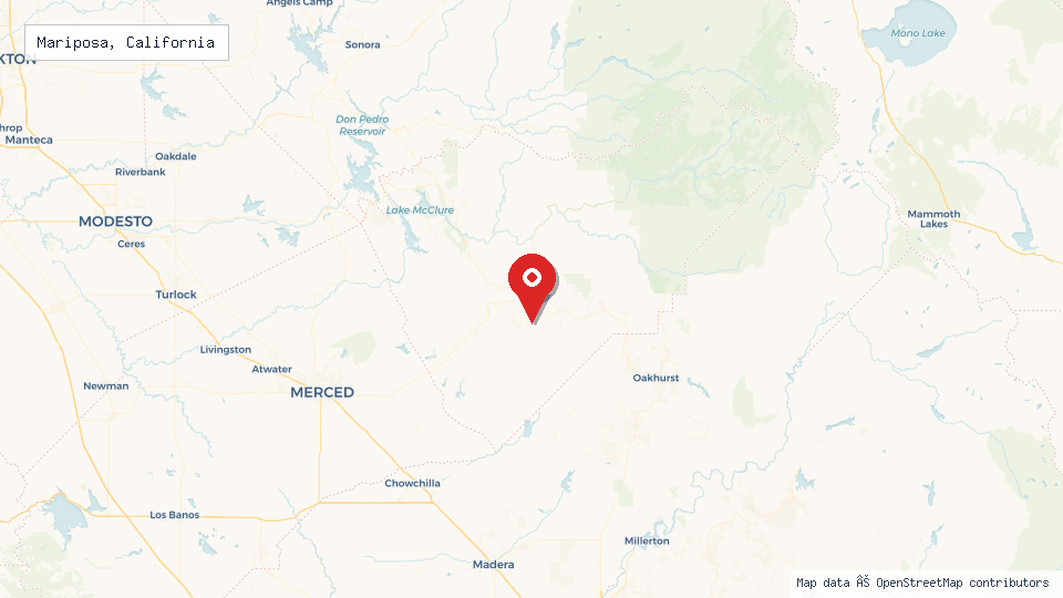 Street map of Mariposa, California with location pin
