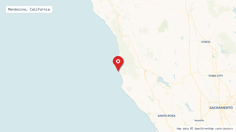 Street map of Mendocino, California with location pin