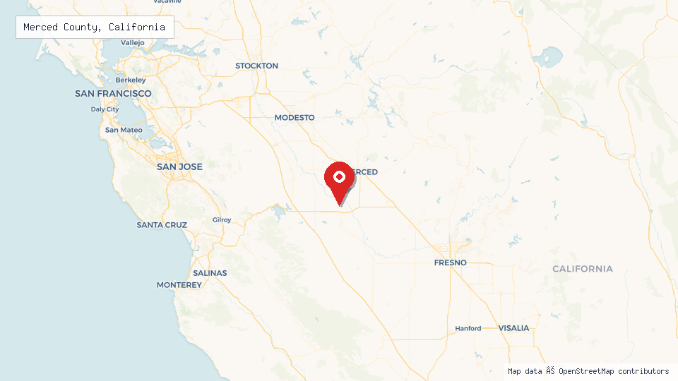 Street map of Merced County, California with location pin