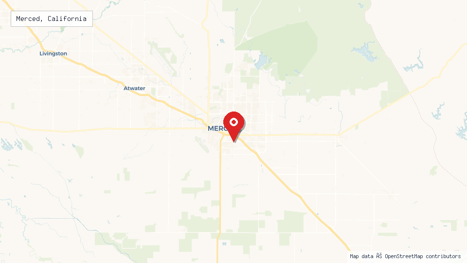 Street map of Merced, California with location pin