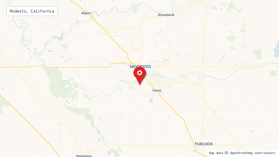 Street map of Modesto, California with location pin