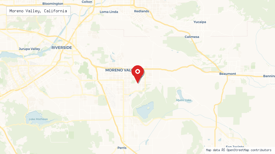 Street map of Moreno Valley, California with location pin