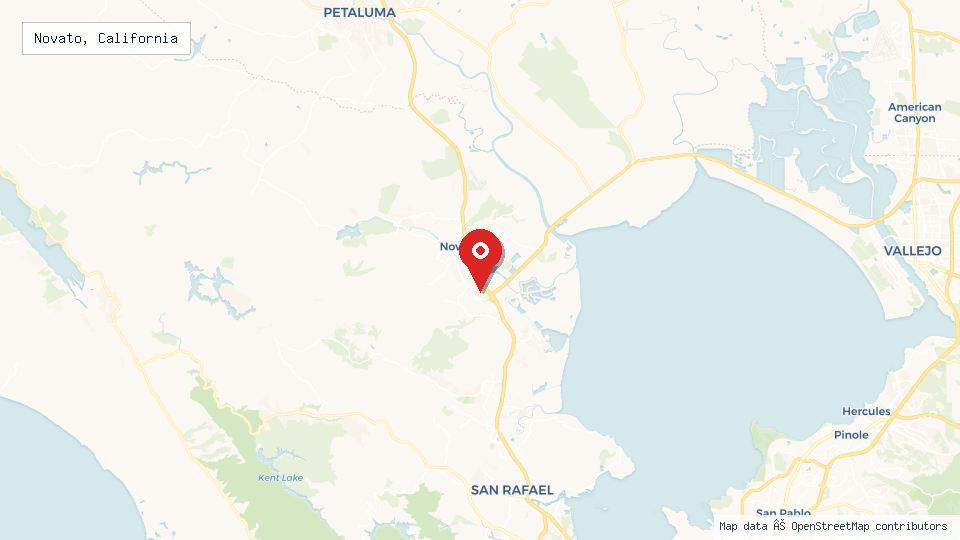 Street map of Novato, California with location pin
