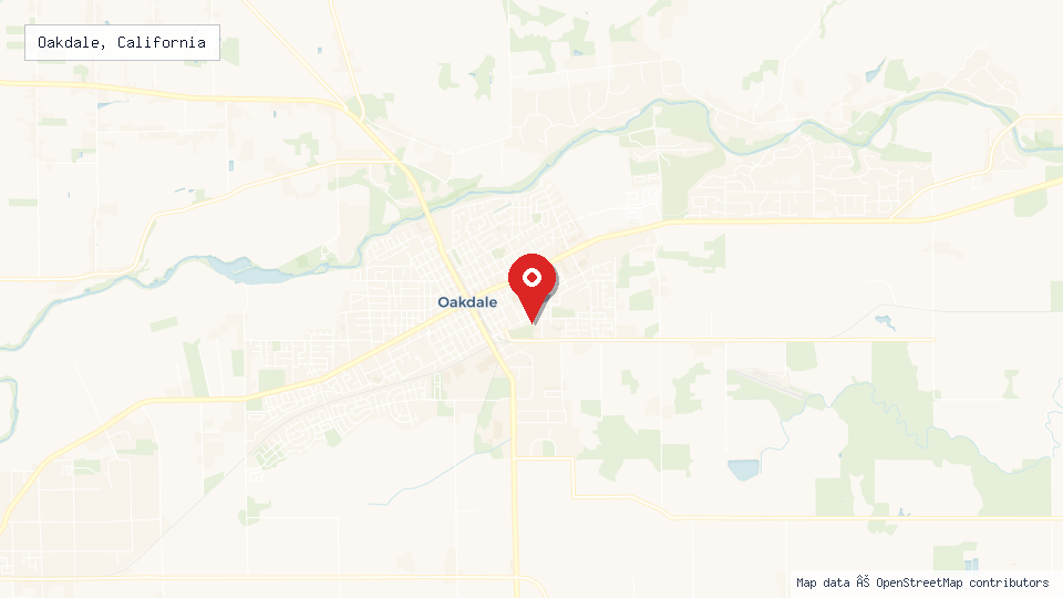 Street map of Oakdale, California with location pin