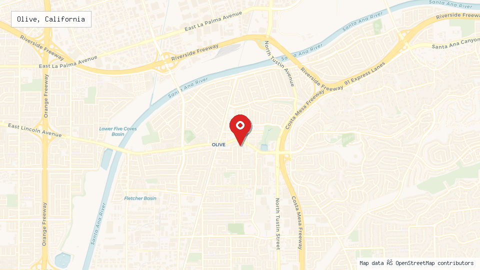 Street map of Olive, California with location pin