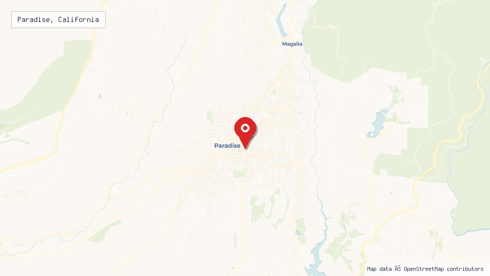 Street map of Paradise, California with location pin