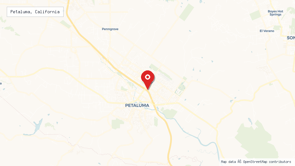 Street map of Petaluma, California with location pin