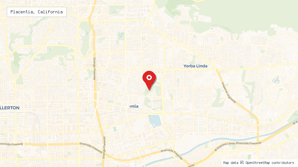 Street map of Placentia, California with location pin