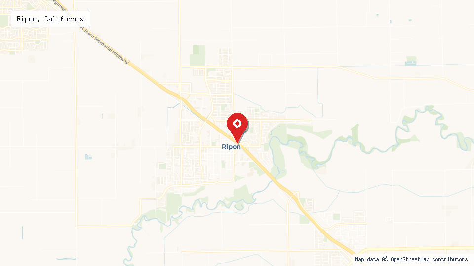 Street map of Ripon, California with location pin