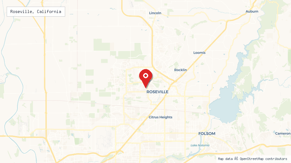 Street map of Roseville, California with location pin