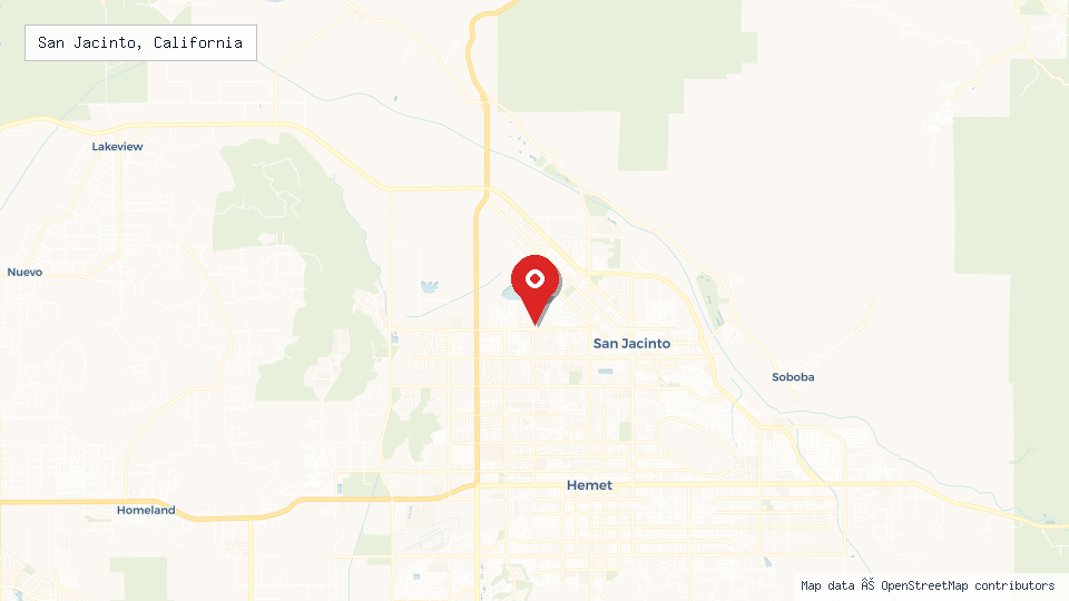 Street map of San Jacinto, California with location pin