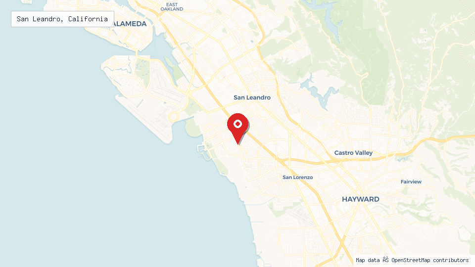 Street map of San Leandro, California with location pin