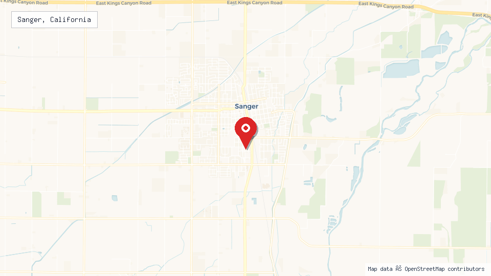 Street map of Sanger, California with location pin