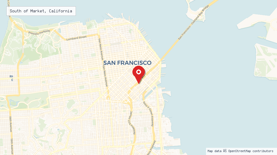 Street map of South of Market, California with location pin