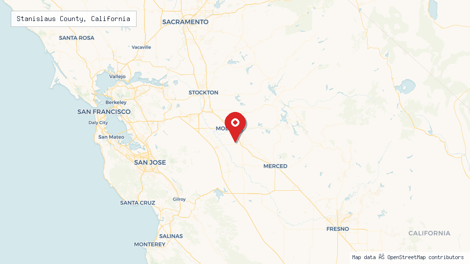 Street map of Stanislaus County, California with location pin