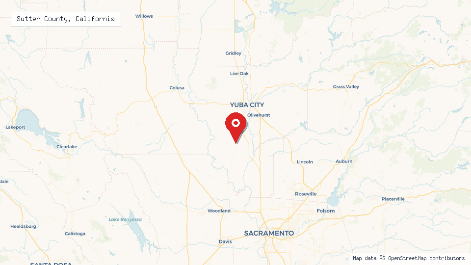 Street map of Sutter County, California with location pin