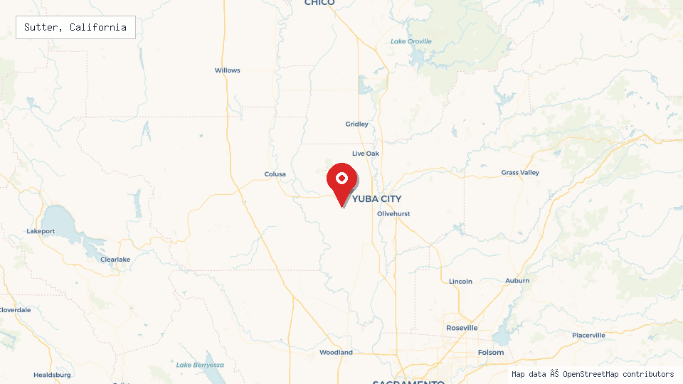 Street map of Sutter, California with location pin