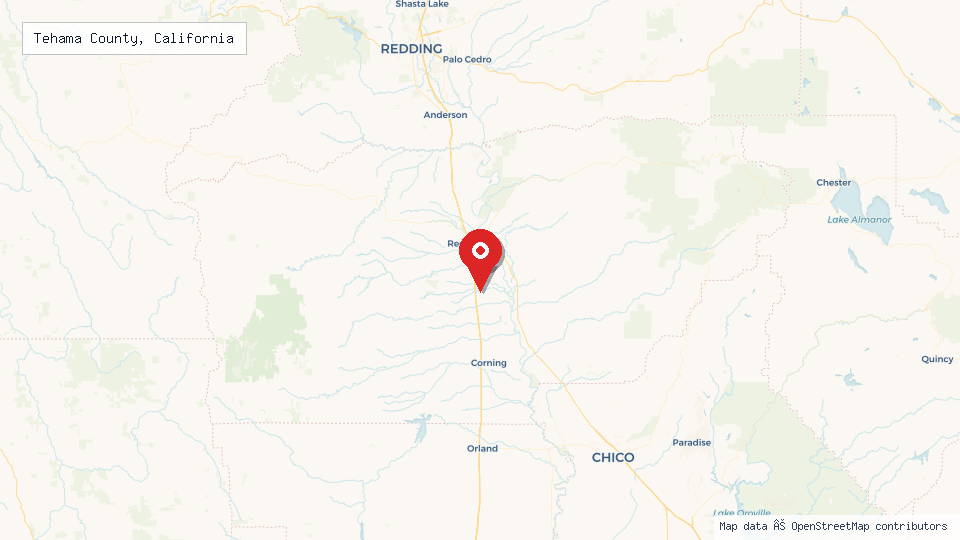 Street map of Tehama County, California with location pin