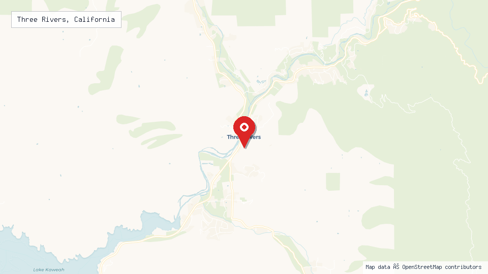 Street map of Three Rivers, California with location pin