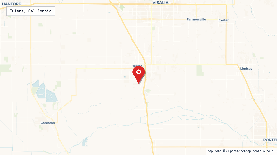 Street map of Tulare, California with location pin