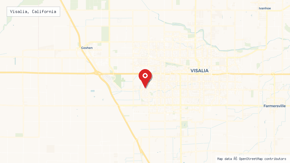 Street map of Visalia, California with location pin
