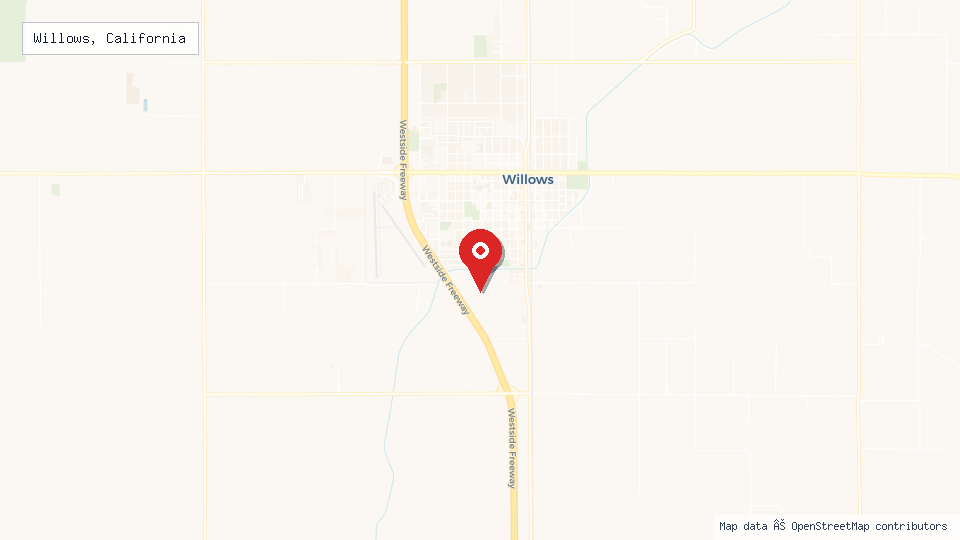 Street map of Willows, California with location pin