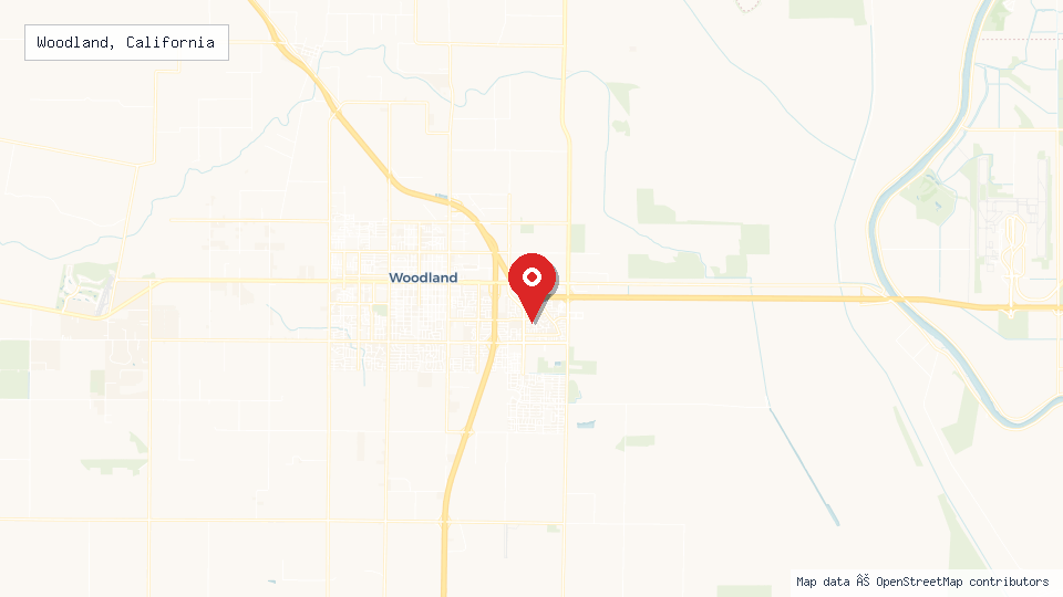 Street map of Woodland, California with location pin