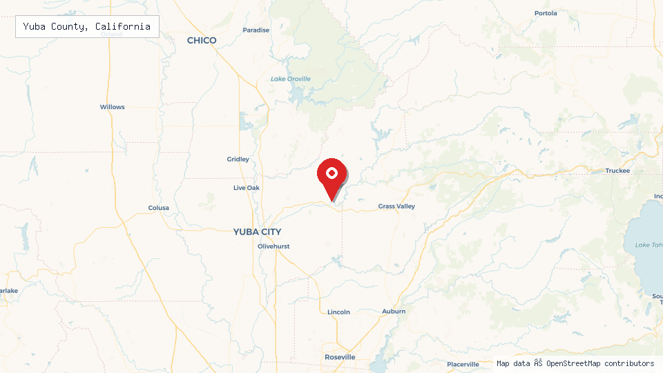 Street map of Yuba County, California with location pin