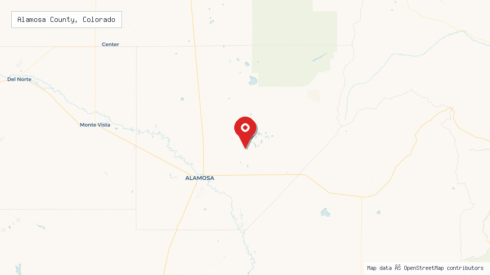 Street map of Alamosa County, Colorado with location pin