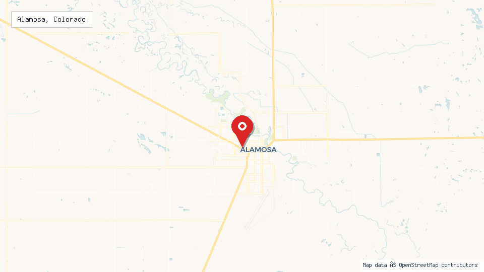Street map of Alamosa, Colorado with location pin