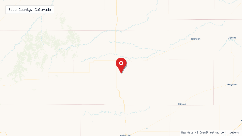 Street map of Baca County, Colorado with location pin
