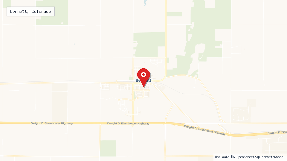 Street map of Bennett, Colorado with location pin