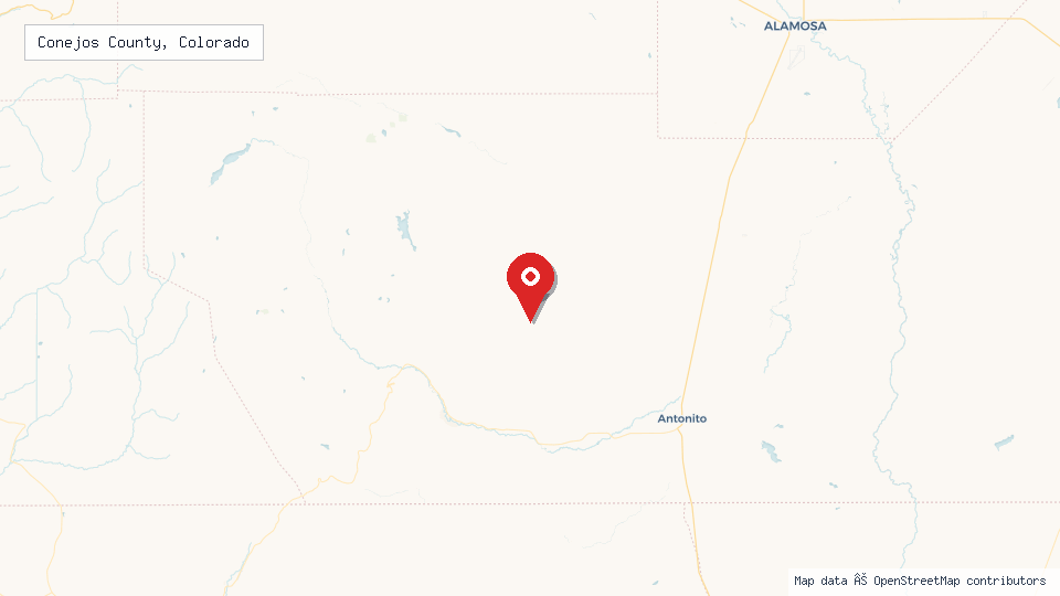 Street map of Conejos County, Colorado with location pin