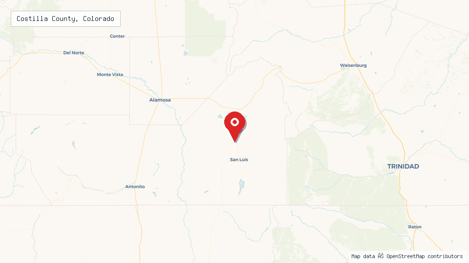 Street map of Costilla County, Colorado with location pin