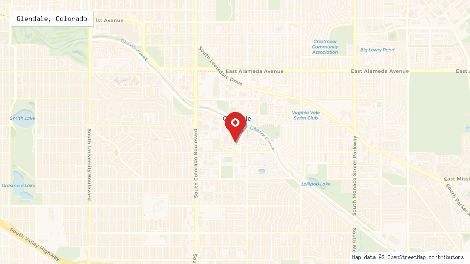 Street map of Glendale, Colorado with location pin