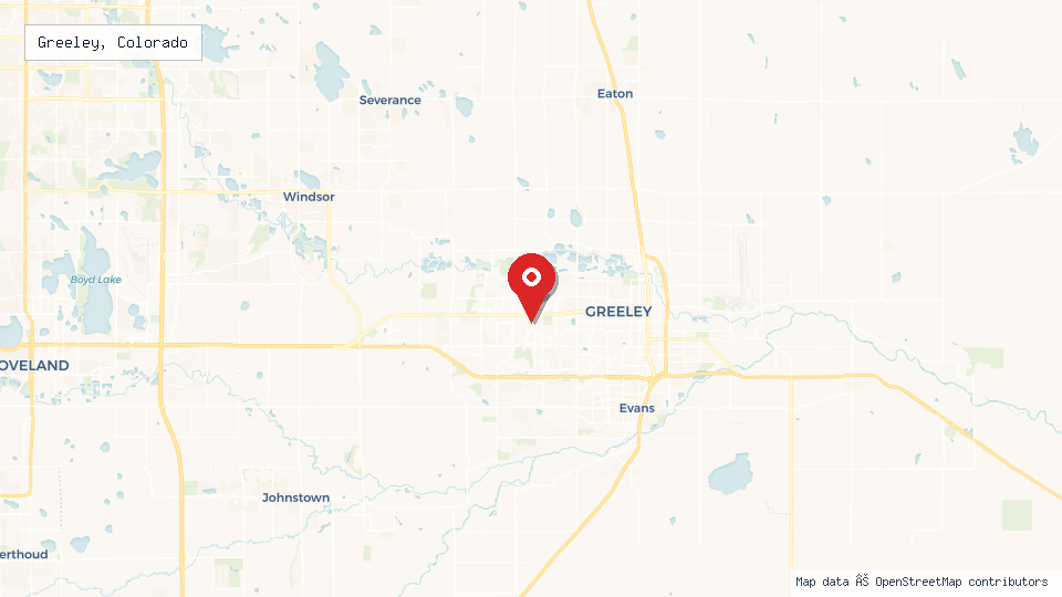 Street map of Greeley, Colorado with location pin