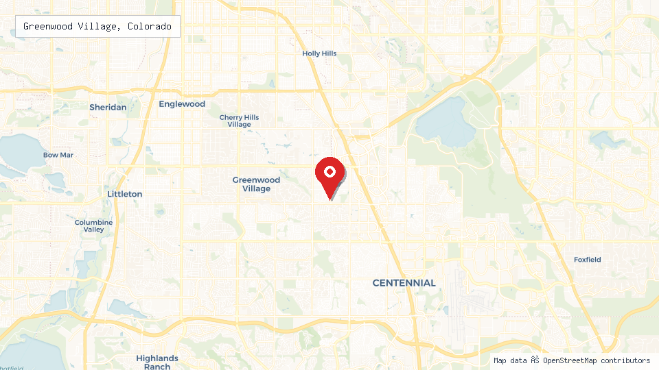 Street map of Greenwood Village, Colorado with location pin
