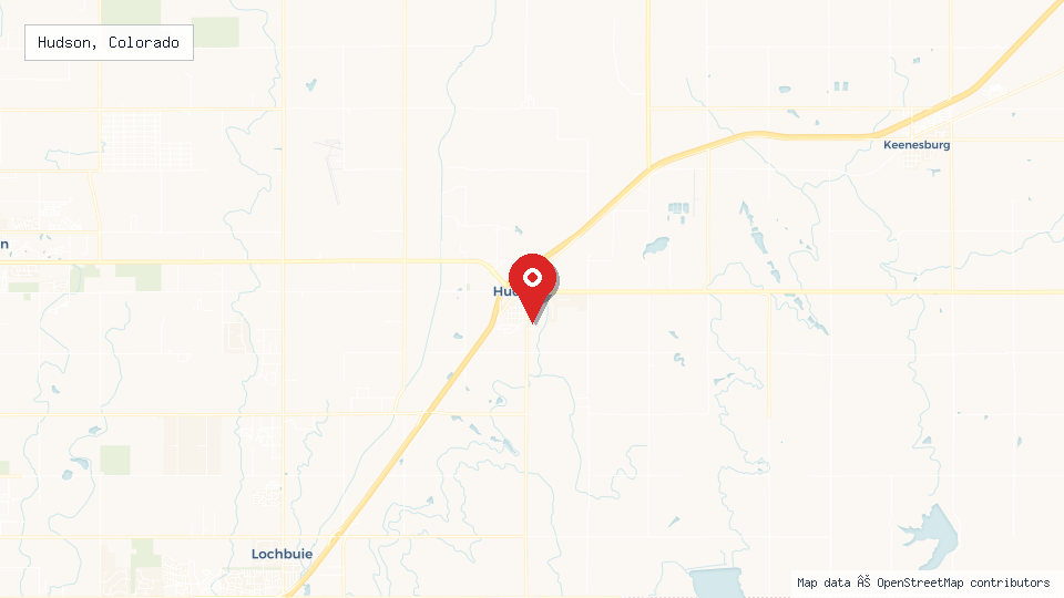 Street map of Hudson, Colorado with location pin