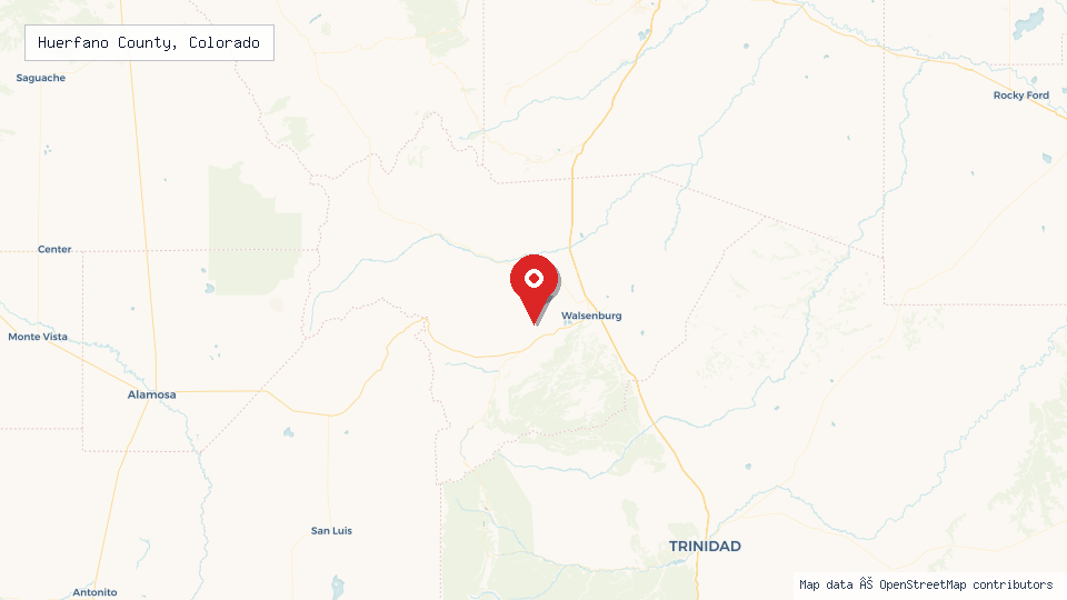 Street map of Huerfano County, Colorado with location pin