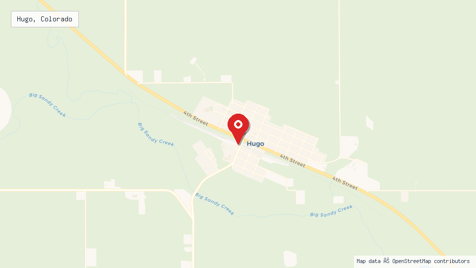 Street map of Hugo, Colorado with location pin