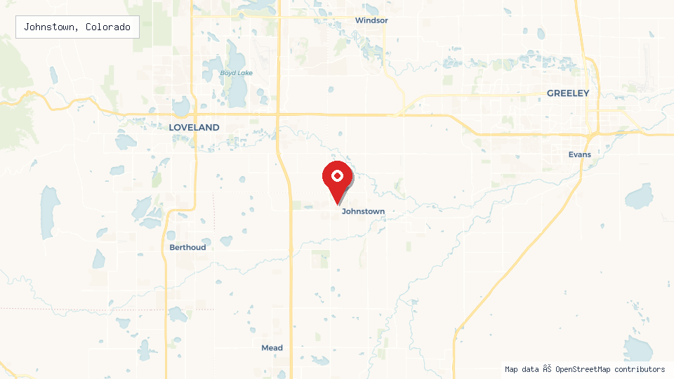 Street map of Johnstown, Colorado with location pin