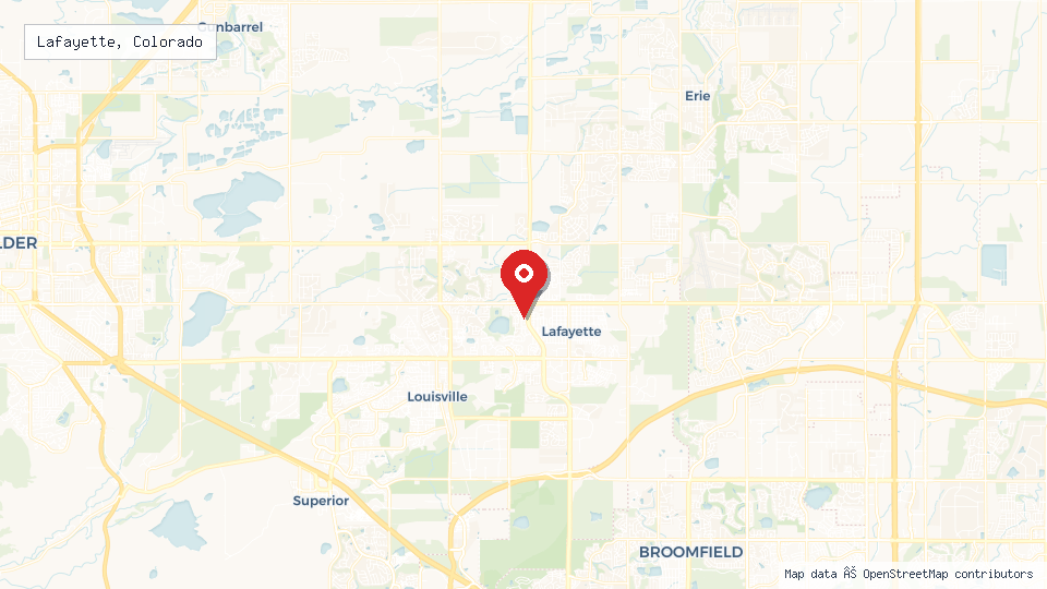 Street map of Lafayette, Colorado with location pin