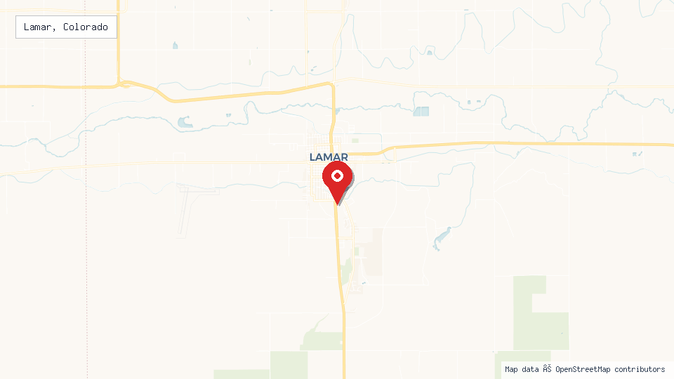 Street map of Lamar, Colorado with location pin
